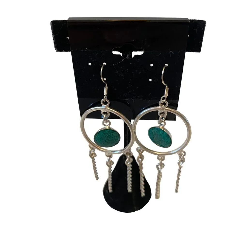 Funky Boho Circle Drop Earrings in Matte Silver & Green.